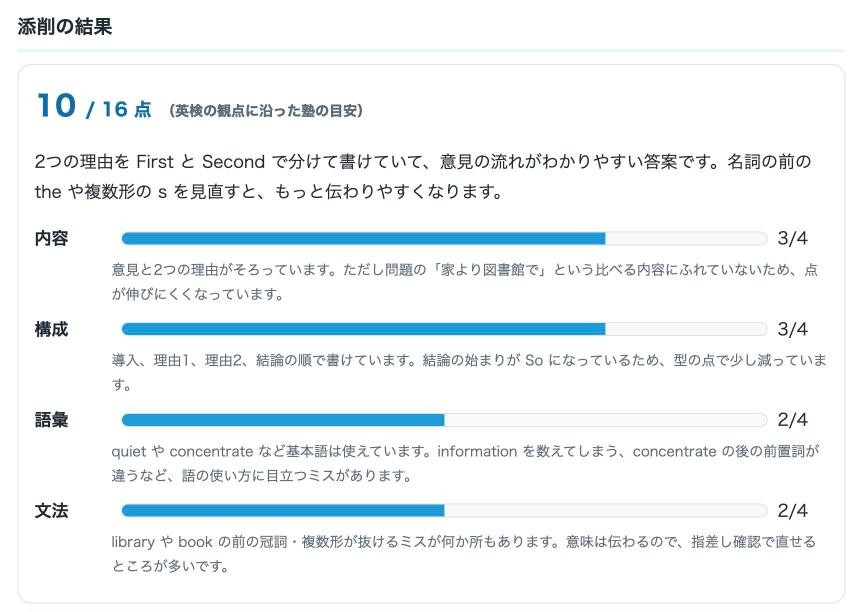 英検ライティング添削AIの結果画面（観点別の点数）